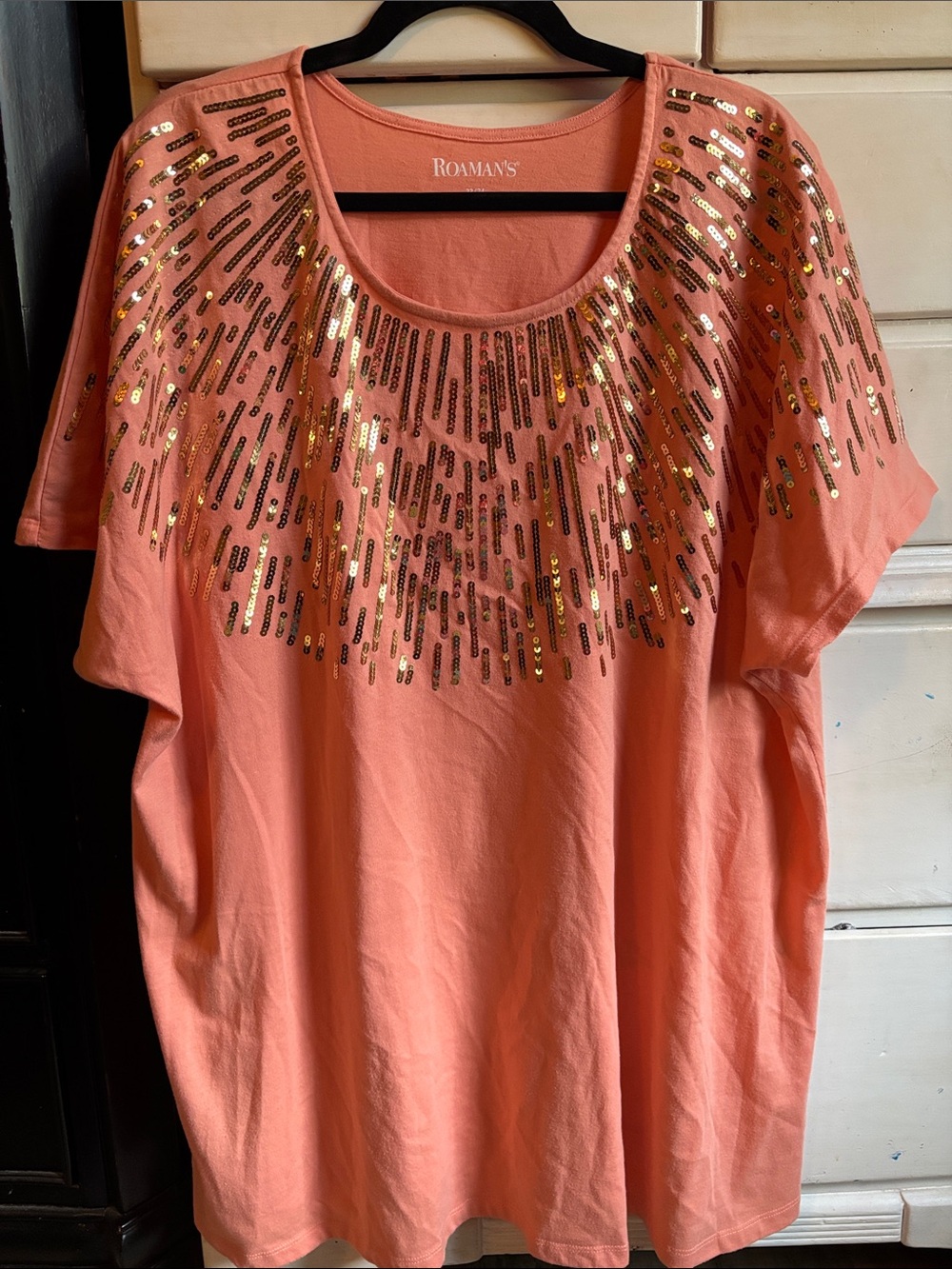 Roaman's Coral Short-Sleeve Top with Gold Sequin Detail
